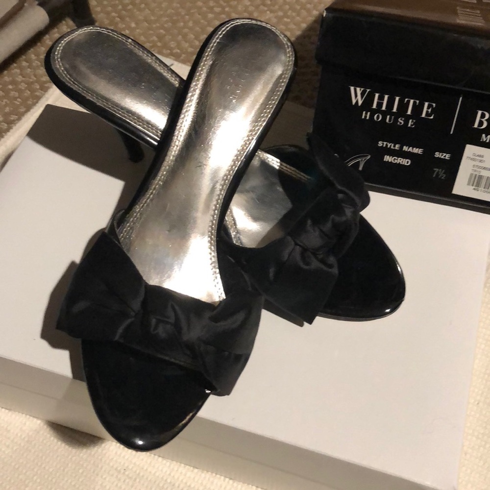 White House Black Market Black Satin Bow Open-Toe Mules